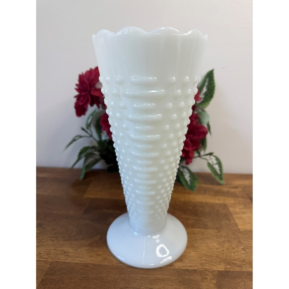 Vintage Hobnail Milk Glass Vase Scalloped Rim Mid-Century‎ White Pedestal Design